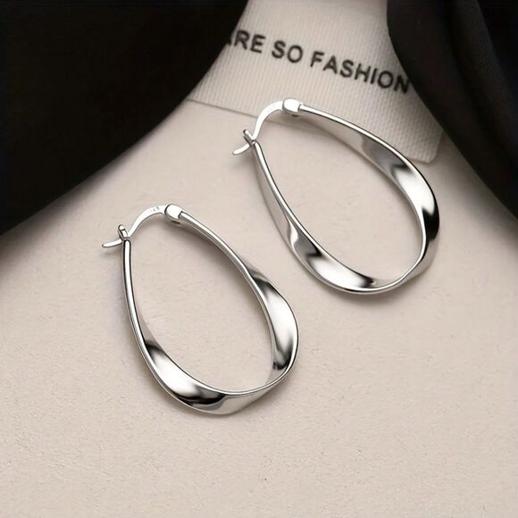 Oval Silver Twist Hoop Earrings Secure Back Classic Drop Fashion Jewelry New - Picture 1 of 5